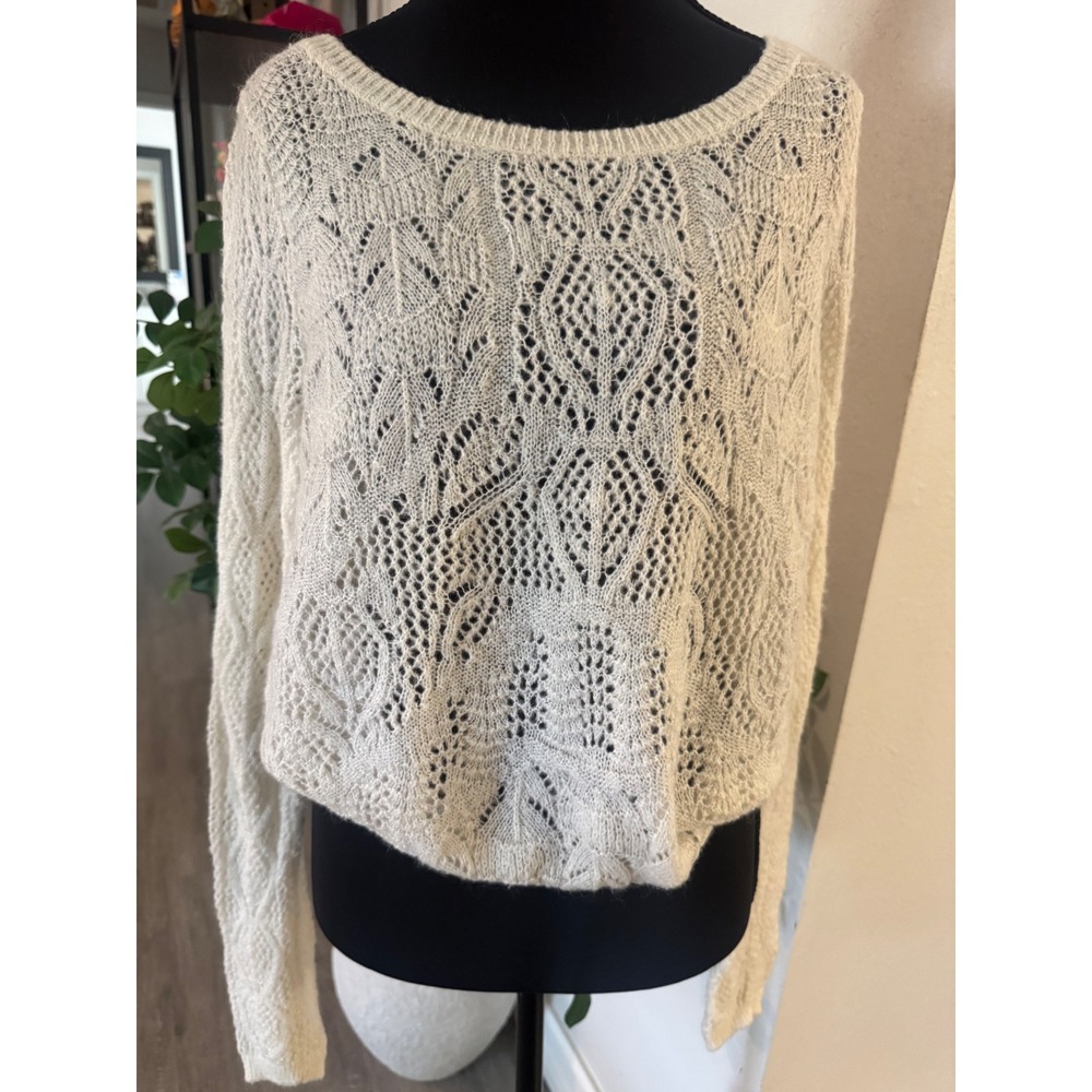 Frenchi Women Cream Pointelle Knit Cropped Sweater Long Sleeve Boho Ivory Large